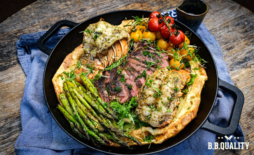 Surf en turfed dutch baby recept | Angus ribeye | Kreeftenstaart | Maikel | BBQuality