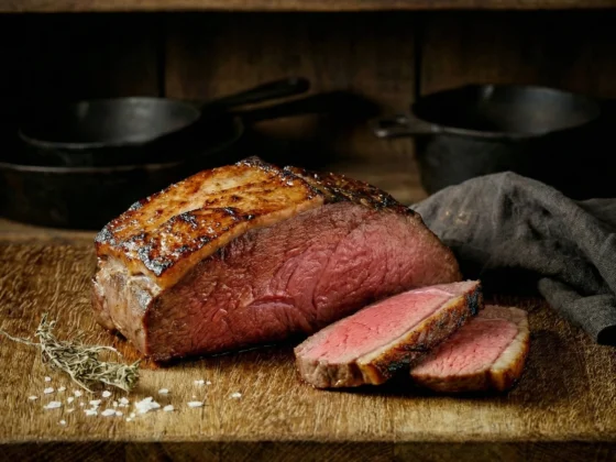 Bereide Kalfsentrecote op een houten plank perect medium gebakken