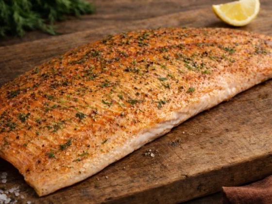 Mooi bereide zalmfilet met vel met viskruiden en dille