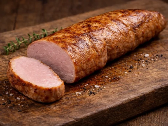 Perfecte gegaarde varkenshaas op een houten snijplank van topkwaliteit
