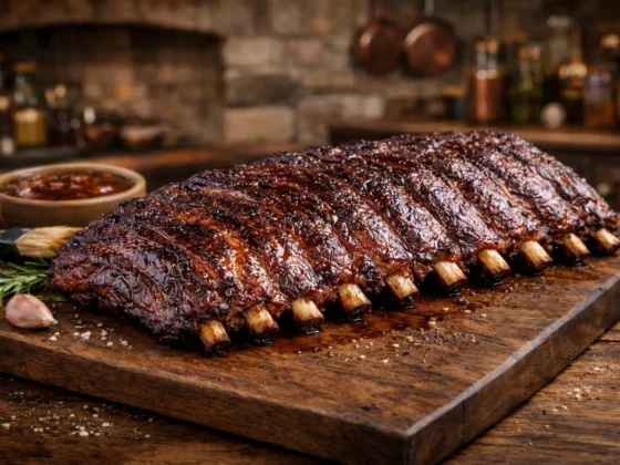 Geglazuurde spareribs met ketting op een rustieke snijplank van de bbq low & slow gegaard