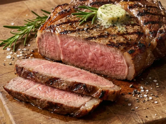 perfect bereide ribeye medium gegaard op een houten plank met kruidenboter