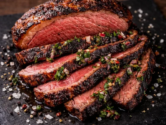 Perfect medium rare bereide picanha met vetcap en chimichurri en plakken gesneden