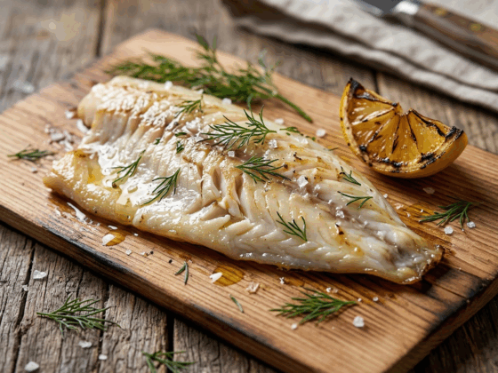 Dorade filet met huid op een ceder houten rookplankje met dille en citroen
