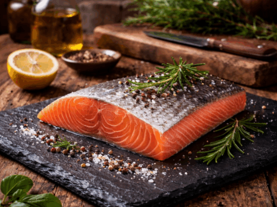 Perfect-gebakken-zalmfilet-met-vel-op-zwarte-steen