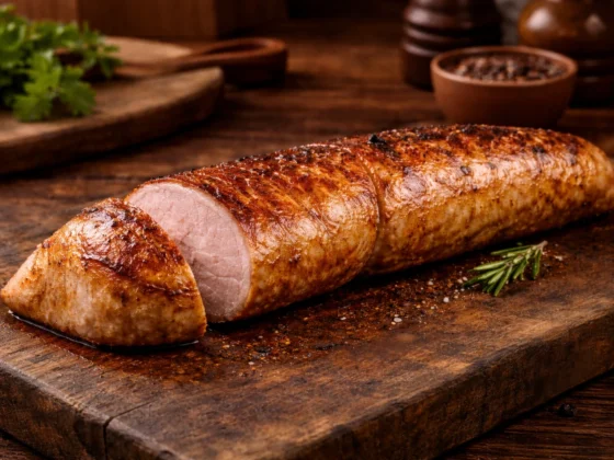 Perfecte gegaarde varkenshaas op een houten snijplank van topkwaliteit