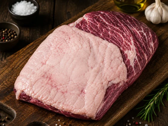 Angus bavette met vet uit Brazilië (Fraldinha) van 1953 by JBS met natuurlijke vetlaag op een rustieke houten snijplank.